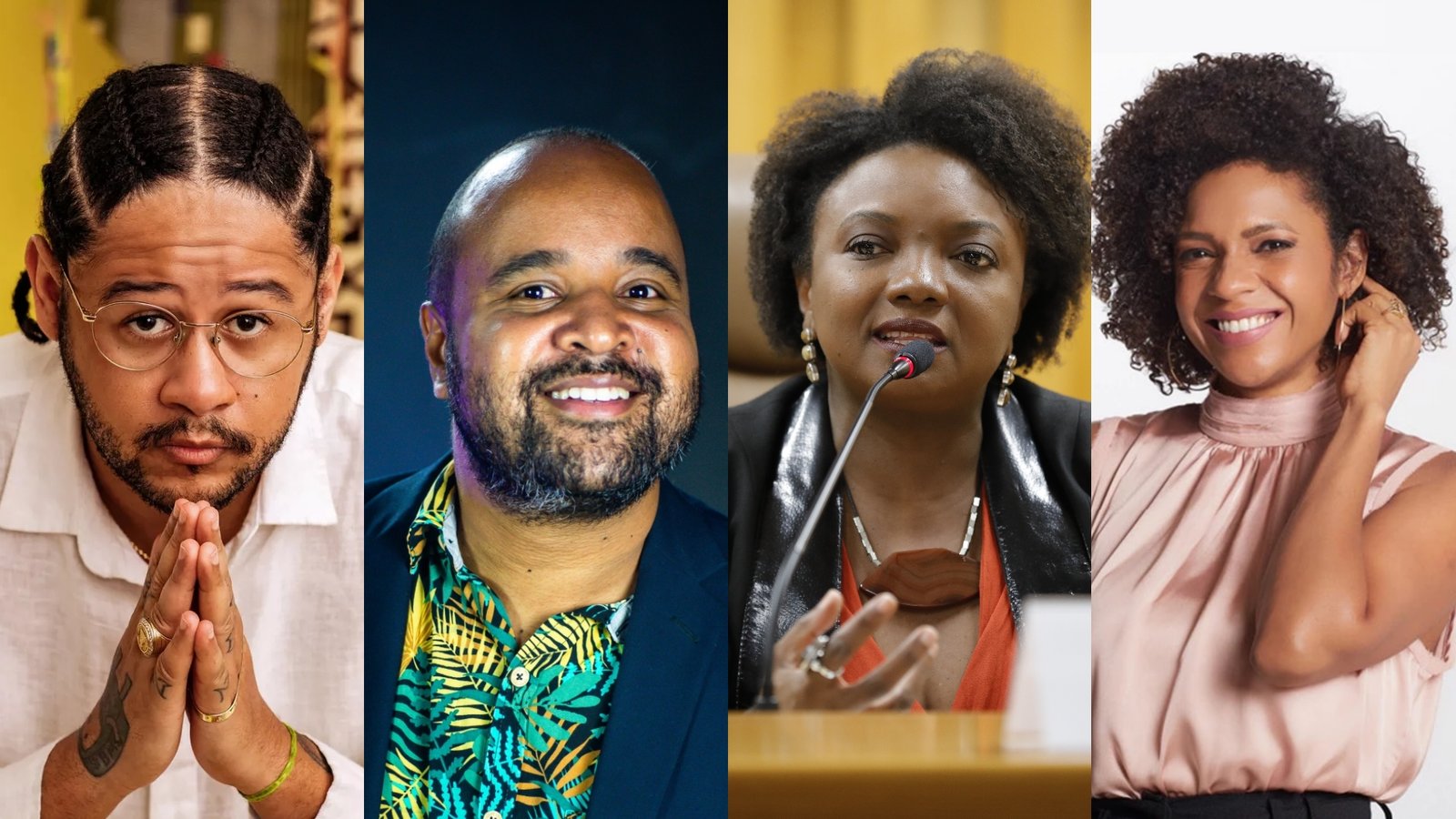 Emicida, Miguel Arcanjo Prado, Rosane Borges e Luciana Barreto fazem live nesta sexta - Fotos: Divulgação