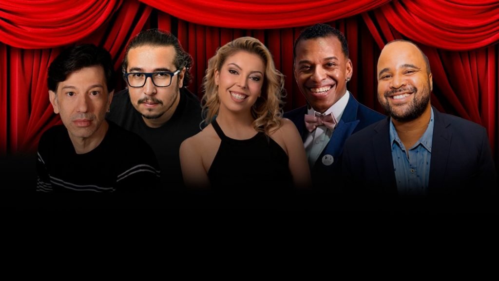 Arte gráfica colorida com os rostos de Carla Vazquez, Gui Leal, Kleber Montanheiro, Marllos Silva e Miguel Arcanjo 