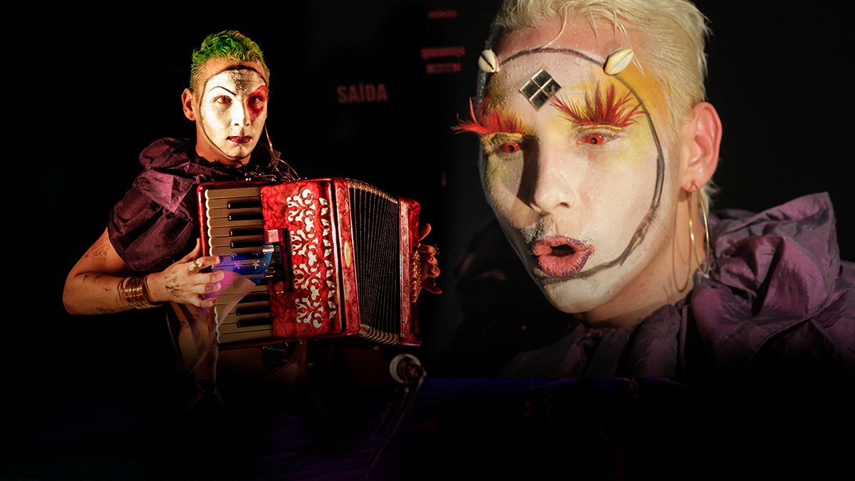 Foto com duas cenas do espetáculo Frutas e Transgressão