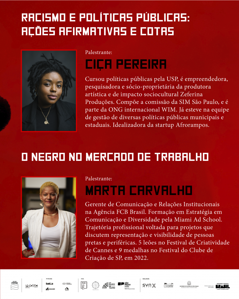 Cartaz de divulgação da palestra sobre ações afirmativas e negros no mercado de trabalho, a partir do projeto do espetáculo "12 anos ou A Memória da Queda". 
