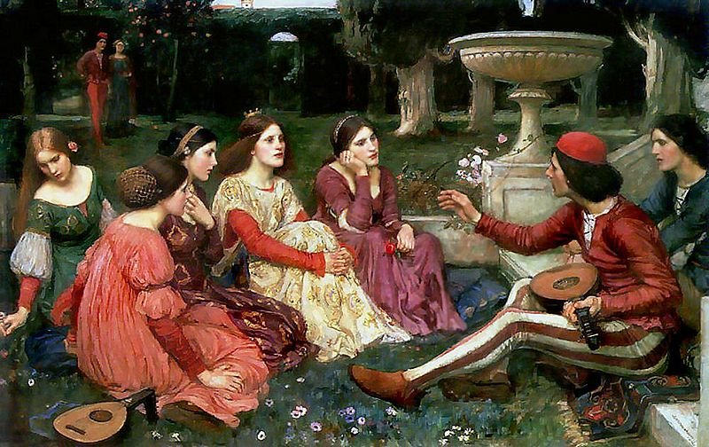 Imagem colorida da pintura "Um Conto de Decamerão" de Waterhouse