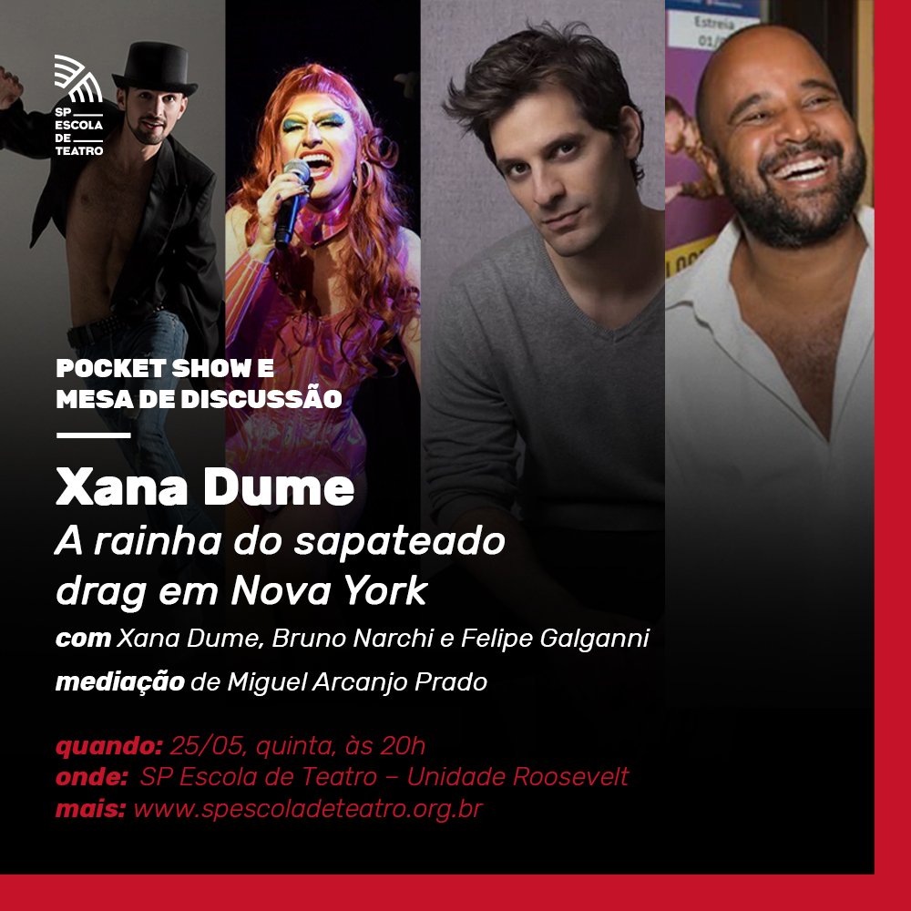 Imagem de quatro pessoas no cartaz de divulgação do evento "Xana Dume – A rainha do sapateado drag em Nova York"