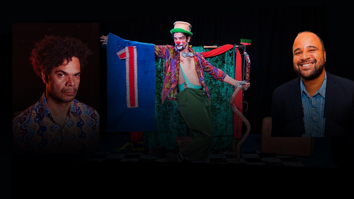 Arte de divulgação da mesa de discussão "Um olhar sobre a palhaçaria"