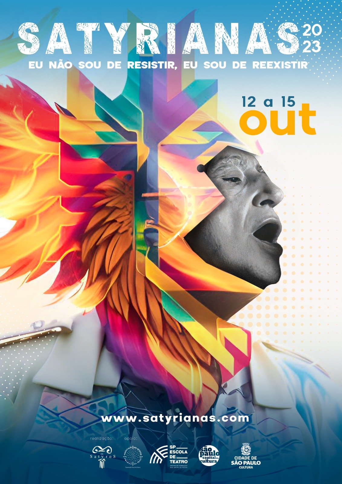 Cartaz da 24ª edição das Satyrianas, maior festival de artes dramáticas de São Paulo: 4 dias de programação ininterrupta.