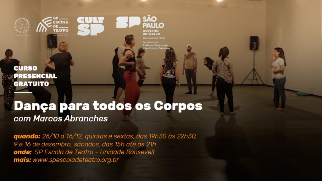 Cartaz do curso "Dança Para Todos os Corpos": gratuito na SP Escola de Teatro.
